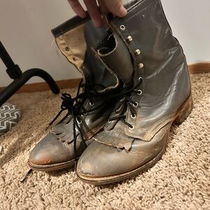 Gray Leather Lace-Up Boots